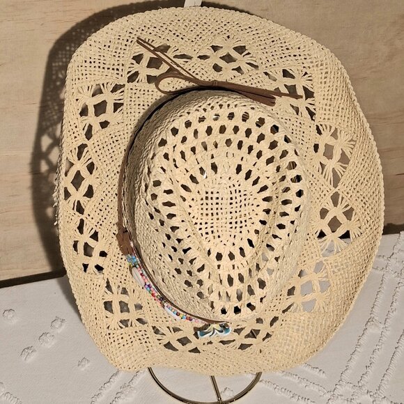 Boho CreamTribal Band Tycoon Crown Crochet Hollow Straw Cowboy Hat Festival - Picture 7 of 12